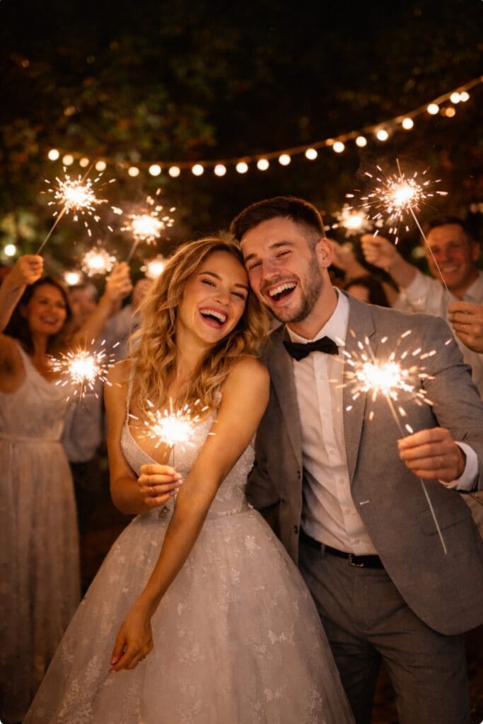 Brautpaar mit Wunderkerzen bei der Hochzeit