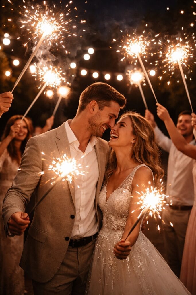 Wunderkerzen-Fotos bei Nacht auf einer Hochzeit