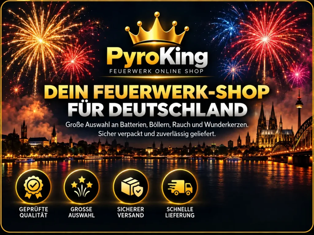 PyroKing Feuerwerk-Onlineshop für Deutschland mit Feuerwerk über der Kölner Skyline